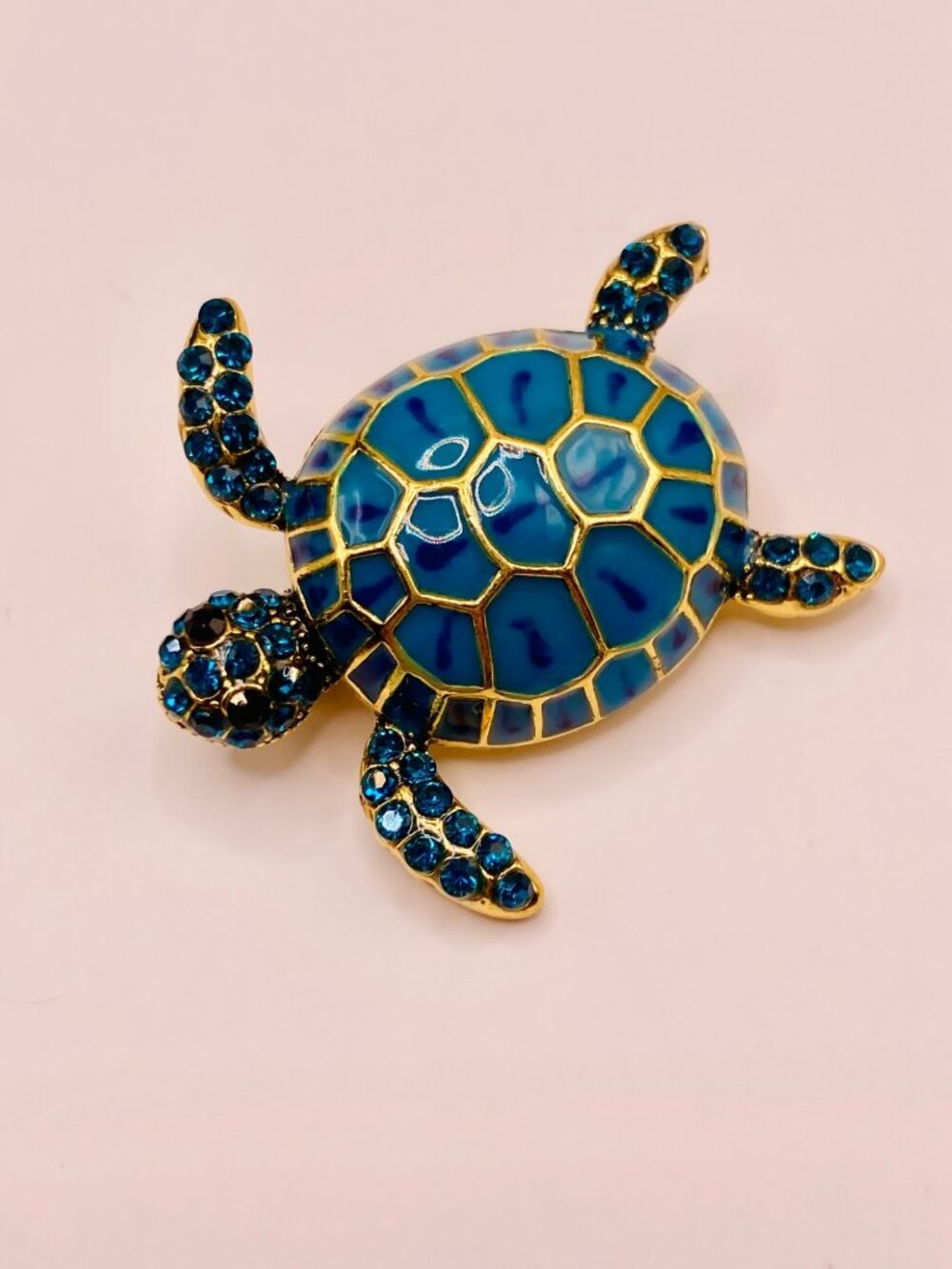 Turtle Shaped Gold-Tone Rhinestone Brooch Blue Enamel Shell -109B